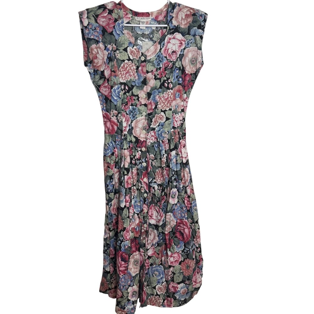 STARINA Floral Print Midi Dress V Neck‎ Button Front 100% Cotton Nepal L Vintage